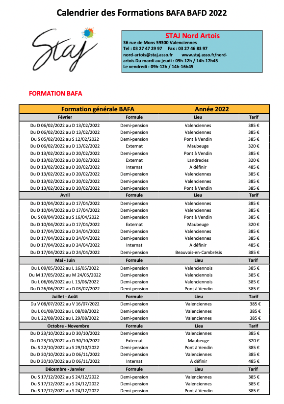 Calendrier des formations BAFA 2022 - STAJ Nord-Artois